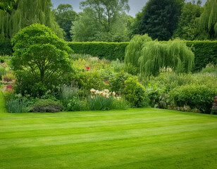 Panoramic view of a beautiful English style garden landscape with a green mowed lawn