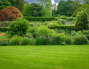 Panoramic view of a beautiful English style garden landscape with a green mowed lawn