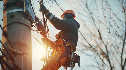 Electrician repairing power lines on a pole - obrazy, fototapety, plakaty