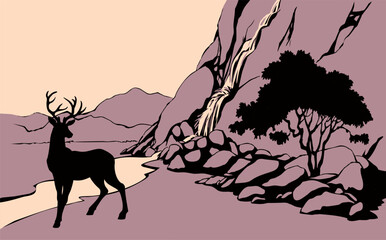 Vector landscape. Deer near a mountain stream