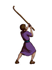 Vector drawing. Man with stick