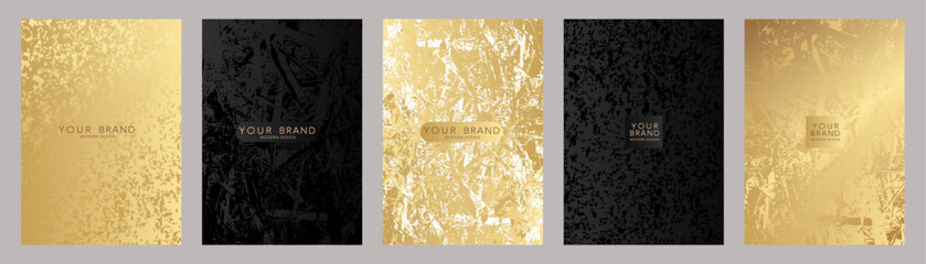 Modern luxury cover design set. Elegant fashionable background with abstract marble, fluid, grunge pattern in gold, black color. Premium vector template for elite menu, flyer, vip card, web design