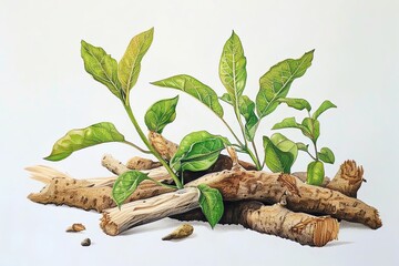 Focus on capturing the richness and complexity of Ashwagandha extract through meticulous attention to texture and essence in a back view perspective drawing