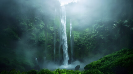 Misty morning shot of waterfall with fog in nature landscape