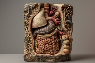 The journey of nutrients through the digestive tract in a clay sculpture, highlighting the intricate details of each organ and their vital functions in the digestion process - obrazy, fototapety, plakaty