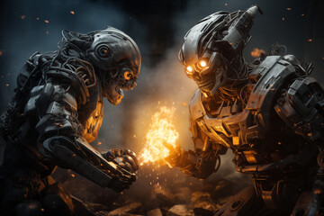 Fototapeta premium Humanoid robots are fighting each other.