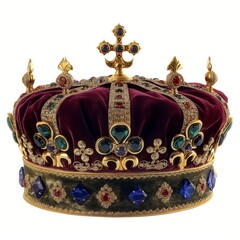 Ornate royal crown with intricate gold detailing, precious stones, and rich velvet fabric symbolizing power and authority.