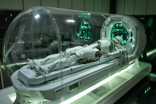 Futuristic lab with humanoid alien in cryogenic capsule. science laboratory.