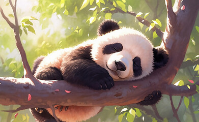 Obraz premium a panda bear sleeping on a tree branch with leaves on it's branches and a green background with leaves