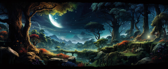 a painting of a forest with a full moon in the sky above it and a river running through it