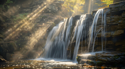 Misty morning shot of waterfall with fog in nature landscape