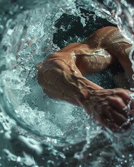 Fototapeta premium Muscular arm submerged in a luxurious whirlpool bath, capturing the contrast between the intensity of a workout and the relaxation of a spa experience
