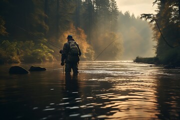 Fisherman with a freshly caught trout on a river bank.