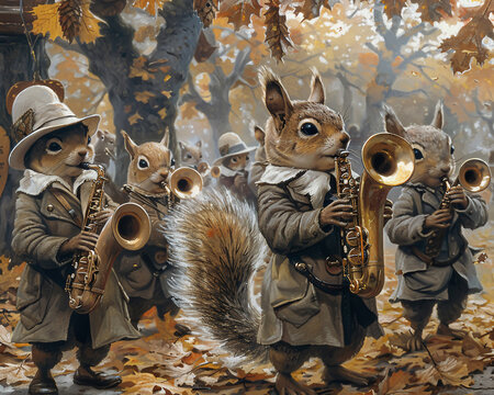 A band of chubby squirrels, one on saxophone, others with trumpets, playing jazz in an autumn park