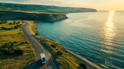 Obraz premium Motorhome driving along scenic coastal road, aerial view in summer vacation travel concept