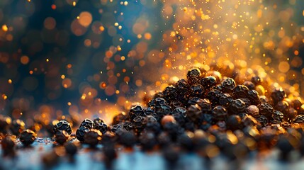 Powerful macro shot of cracked peppercorns, their intensity and texture stark against a bright surface. 