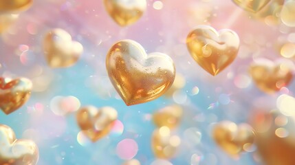 Fototapeta premium A romantic and whimsical setting with a plethora of golden hearts floating in a sea of soft pastel colors