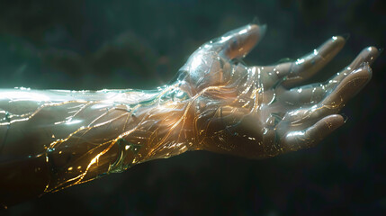 A closeup of a human arm, where tendons transform into fine steel cables and veins into flowing oil tubes, under a soft spotlight
