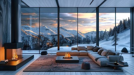 Obraz premium Modern living room with fireplace and panoramic windows overlooking snowy mountains at sunset. Generative AI.