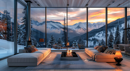 Obraz premium Modern living room with fireplace and panoramic windows overlooking snowy mountains at sunset. Generative AI.