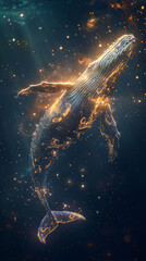 A cosmic whale swimming through the stars, its body a harmonious blend of fractal constellations and pixelated stardust