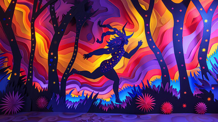 A cutout of a playful satyr, middance among a forest of neon paper trees, with a backdrop of starburst patterns