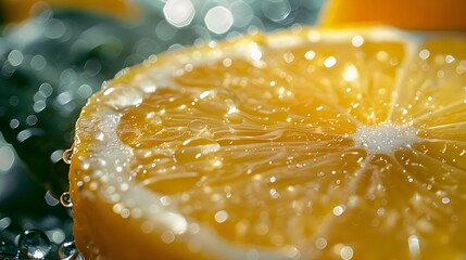 A close-up of a fresh, juicy yellow citrus fruit, either whole or sliced
