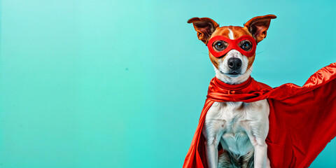 A terrier dog wearing a red super hero costume with mask and cape, on a blue pastel background with copyspace for text - obrazy, fototapety, plakaty