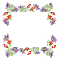 Red goji berries, lilac flowers and green leaves square frame design. Hand-drawn watercolor illustration for DIY printing, greeting card making, quote, gift tag, label, postcard, flyer template