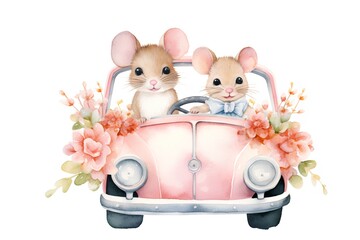 Watercolor cute cartoon mouse in retro car isolated on white background.