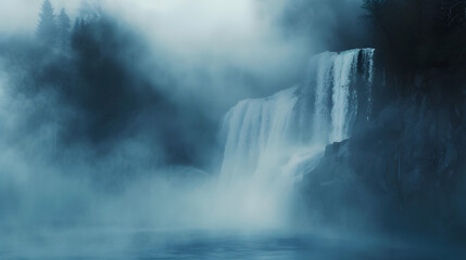 Misty morning shot of waterfall with fog in nature landscape