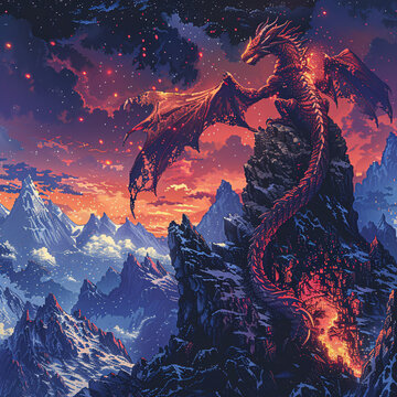 A dragon perched atop a mountain, scales transitioning from detailed pixel art to wild fractal fire breathing life into the legend