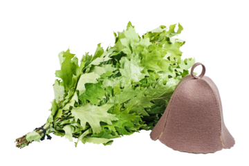 Dry oak broom and hat for banya isolated on white background