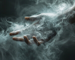 Fototapeta premium A human hand reaching out, fingertips dissolving into a fractal mist while the palm remains in clear pixel definition
