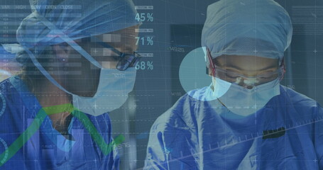 Image of statistical data processing over two female surgeons performing operation at hospital
