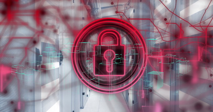 Image of security padlock icon over 3d city model spinning against computer server room