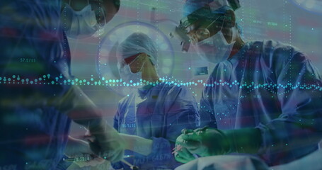 Image of covid medical data processing over surgeons operating in theatre