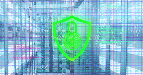 Image of security padlock icon and mathematical equations against computer server room