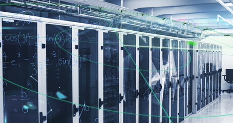 Image of question marks and data processing over server room