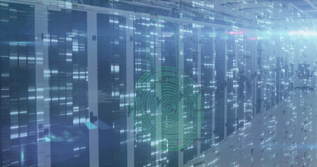 Fototapeta na wymiar Image of security padlock icon against mosaic squares over computer server room