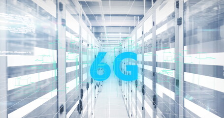 Image of multiple screens with data processing against light trails over computer server room