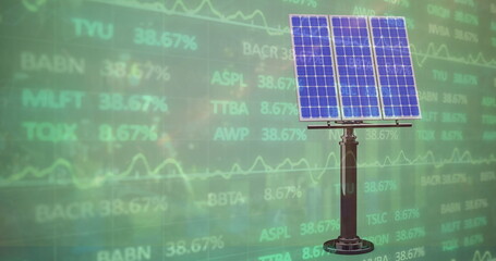 Image of stock market over solar panel on green background