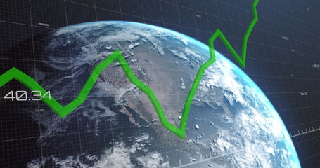 Obraz premium Image of statistics with green line and data processing over earth globe on blue background