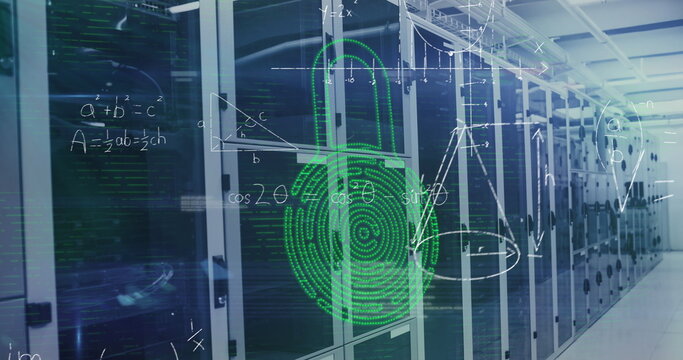 Image of security padlock icon and mathematical equations against computer server room