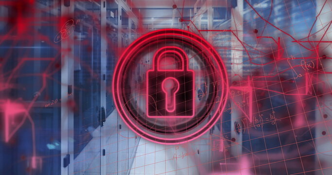 Image of security padlock icon and mathematical equations against computer server room