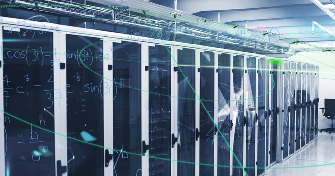 Image of question marks and data processing over server room