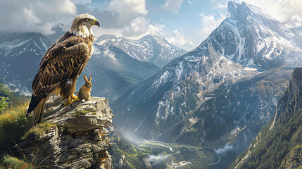 A majestic eagle gently nuzzling a rabbit, both resting on a cliff edge, overlooking a breathtaking valley