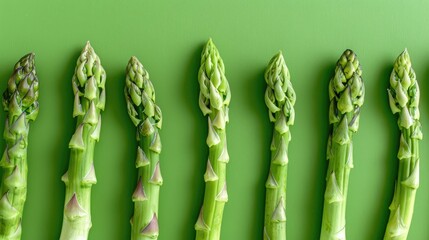Fresh green asparagus on a green background. Delicious and healthy vegetables. Vegetarianism.