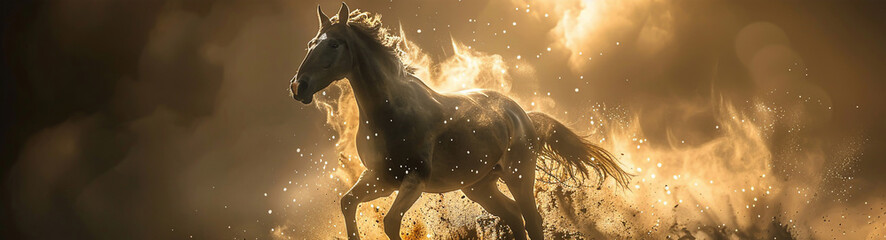A majestic horse, caught in a stride, its form breaking into a whirlwind of dust motes that catch the light like tiny diamonds