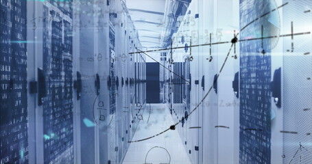 Fototapeta na wymiar Image of mathematical equations and data processing over server room